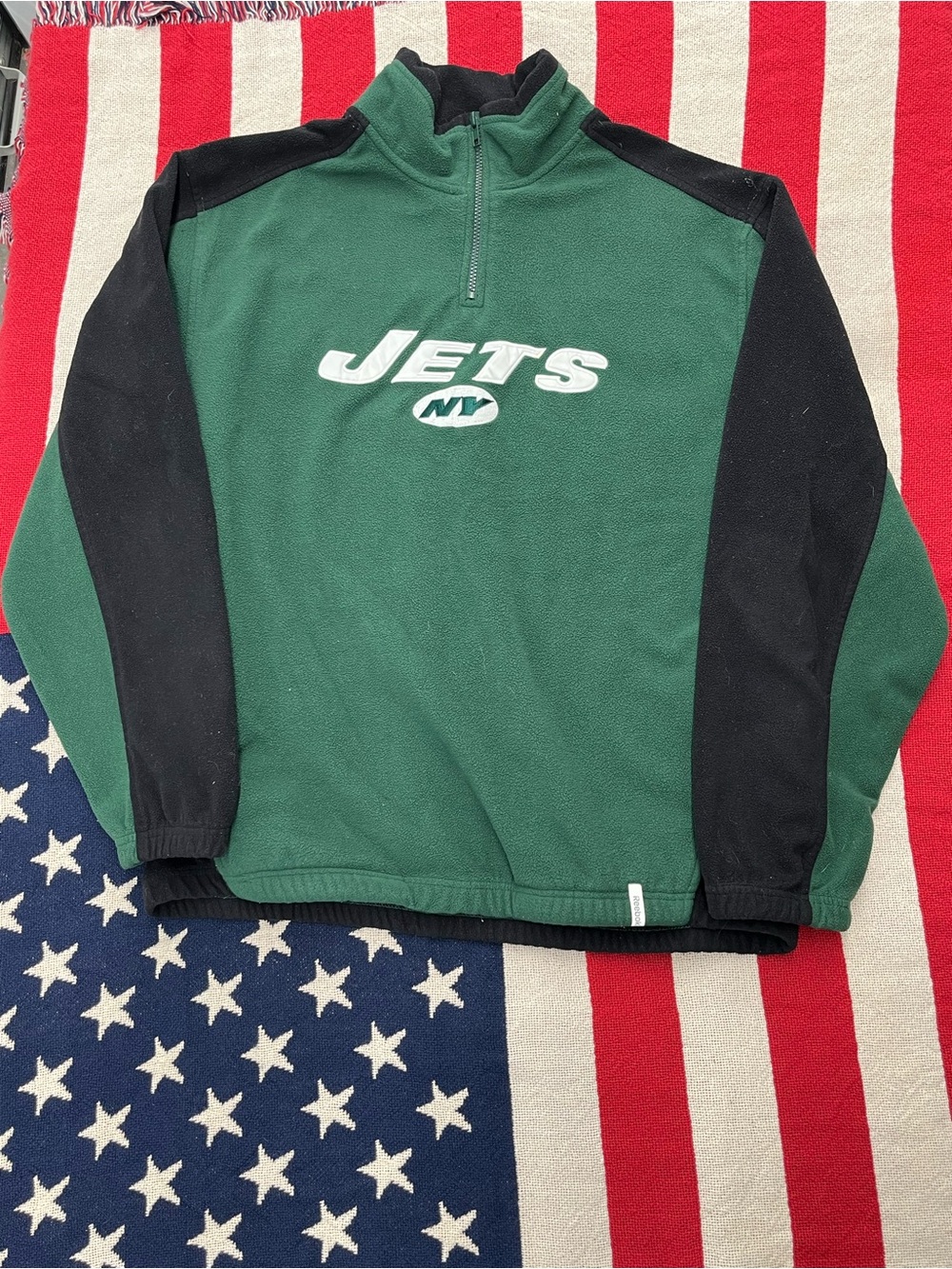 Reebok NFL Green and Black NY Jets Quarter-Zip Fleece Pullover Mens Size Large